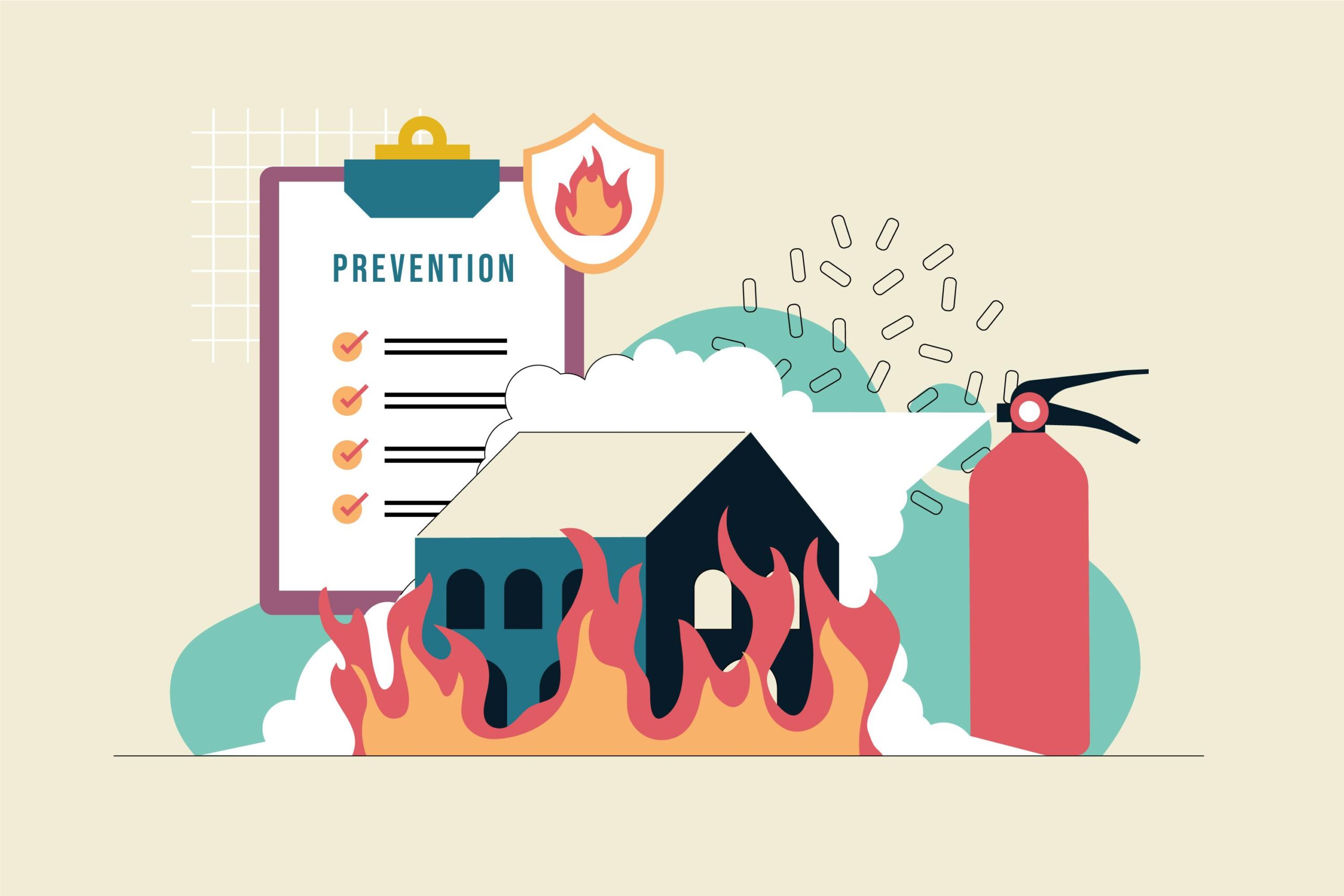 Prevención de incendios: Extintor apagando fuego en una casa en llamas.
